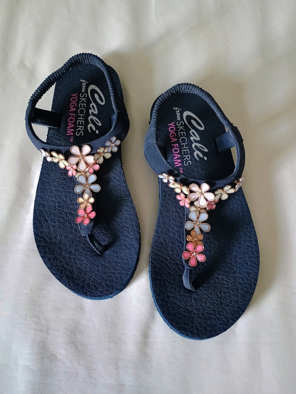 Skechers Navy Floral T-Strap Sandals with Pink & Cream Accents